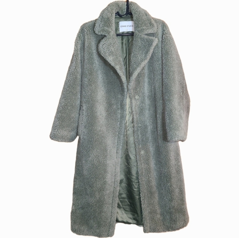 STAND STUDIO Olive Green Teddy Coat Faux FUR SHEARLING - Picture 8 of 9